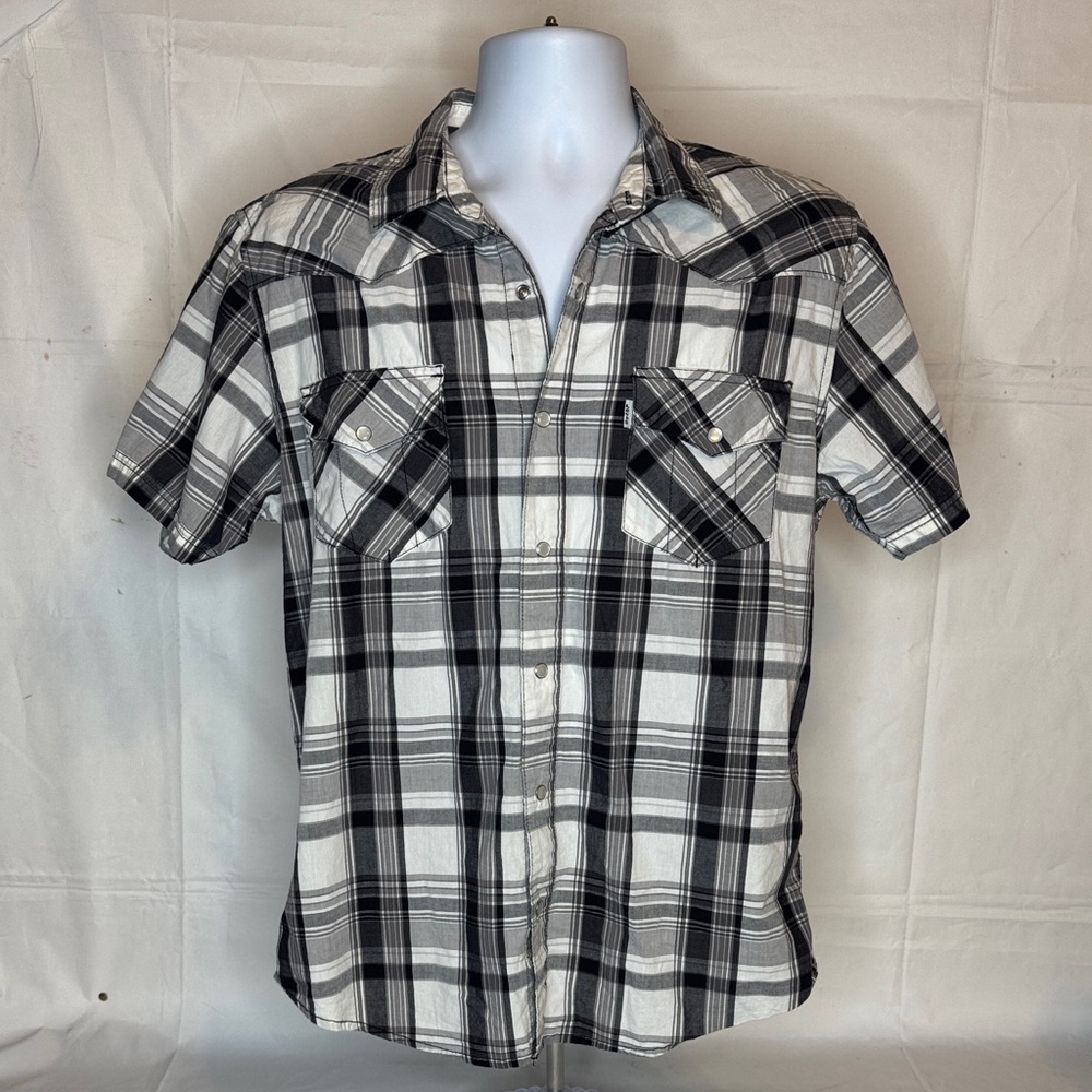 Levi's Men's Black and White Plaid Casual Button Down Shirt with Pearl Snaps
